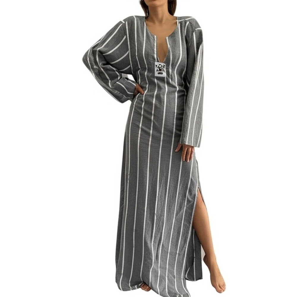 Kaftan Dress Women's Grey White Striped Long Sleeve Notched V-Neck Maxi Dress‎